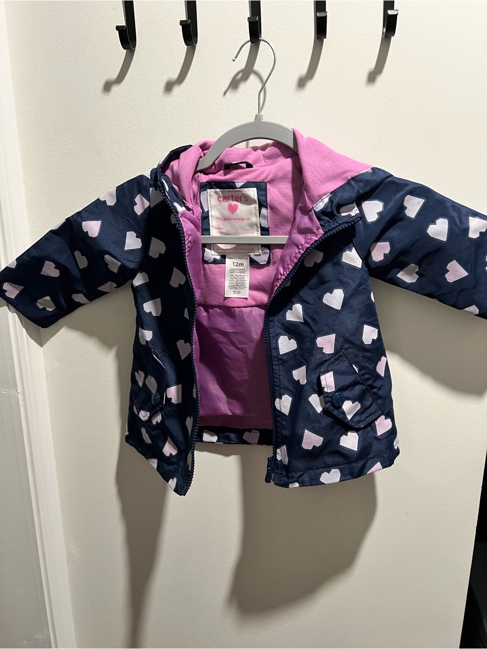Carter's Navy Heart-Print Hooded Childs Jacket with Pink Lining